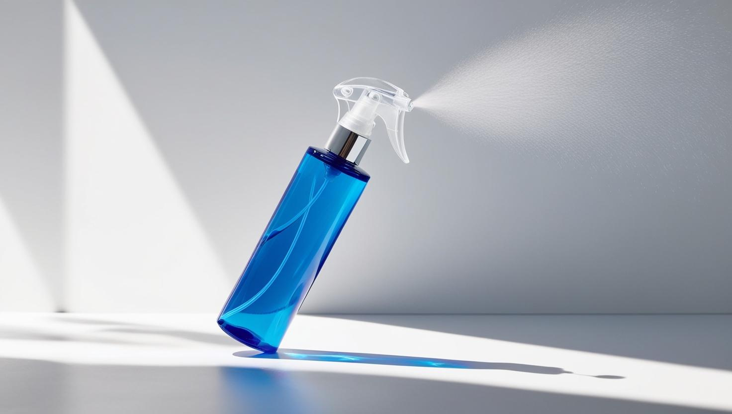 Transparent blue spray bottle emitting fine mist under bright light.