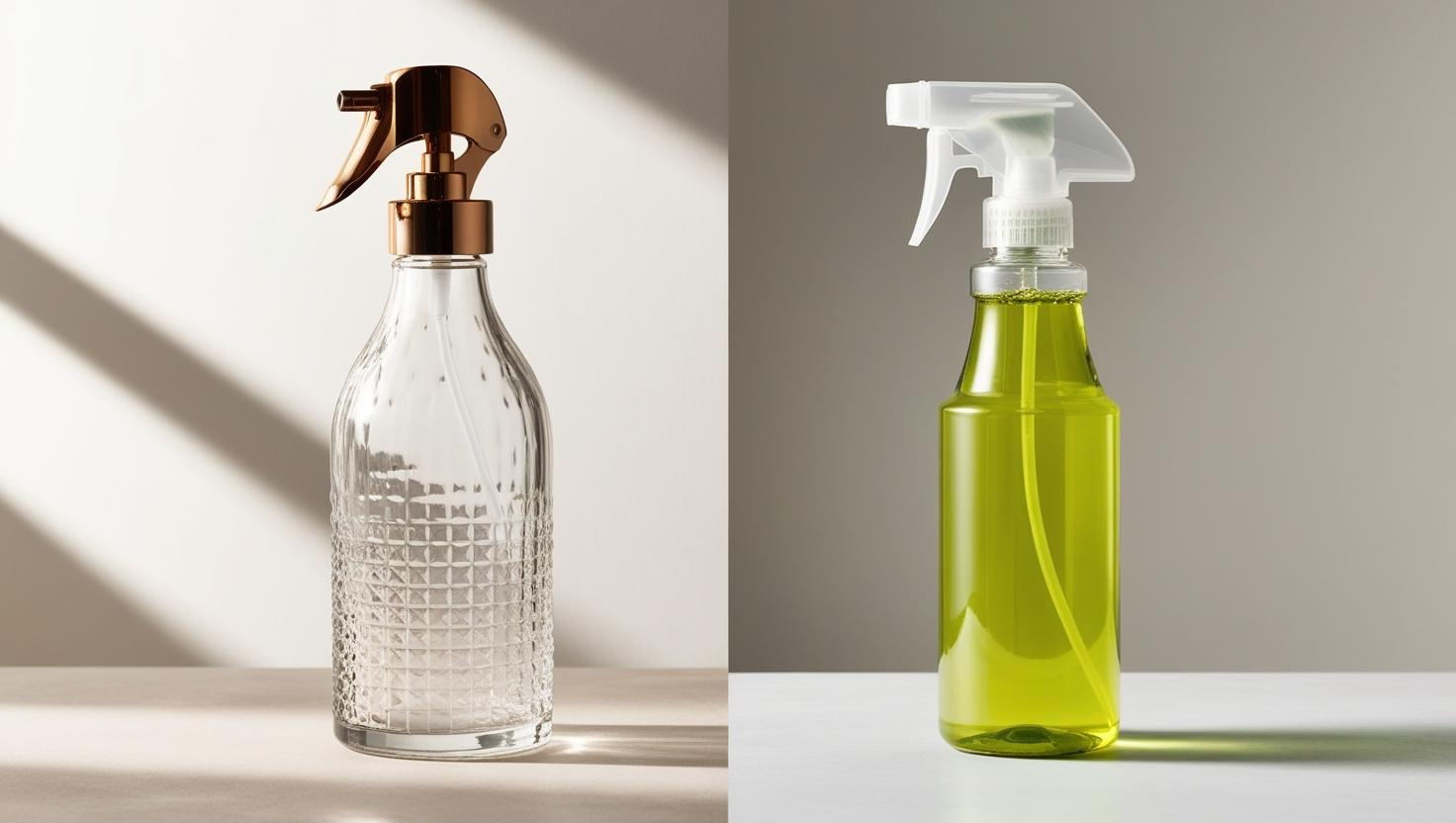 Two spray bottles: one with a gold nozzle and textured glass, another filled with green liquid.