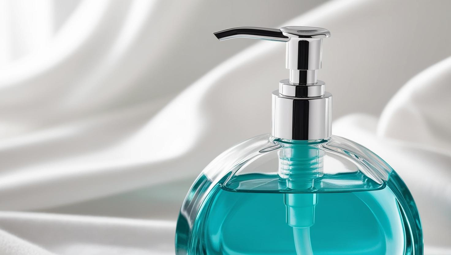 Close-up of a glass soap dispenser with a chrome pump filled with blue liquid.