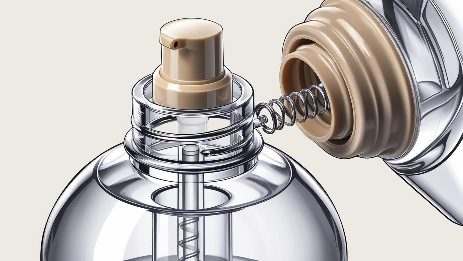 Close-up of a transparent pump bottle with beige nozzle and spring mechanism exposed.