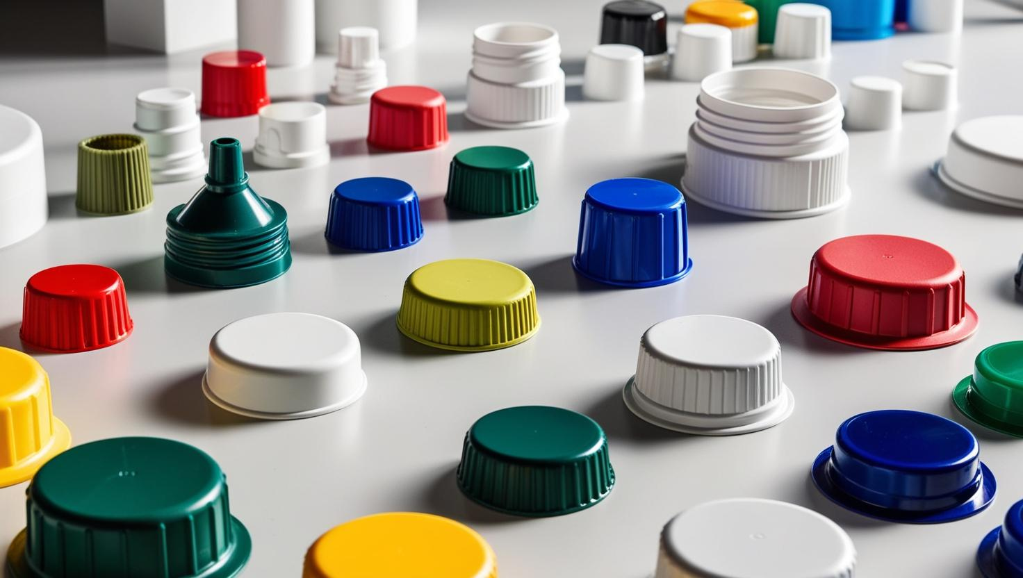 A variety of colorful plastic bottle caps of different shapes and sizes arranged on a white surface.