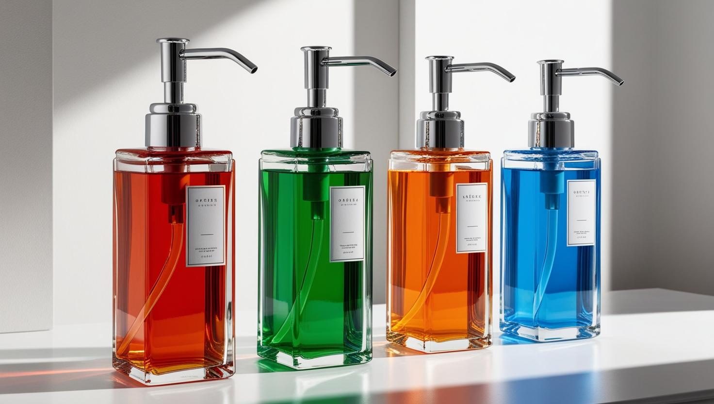 Four glass soap dispensers with chrome pumps, filled with red, green, orange, and blue liquids.