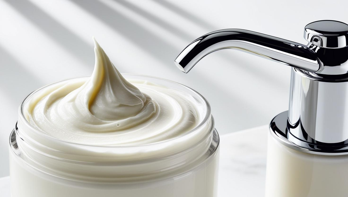 Open jar of thick white cream beside a chrome pump dispenser on a white surface.