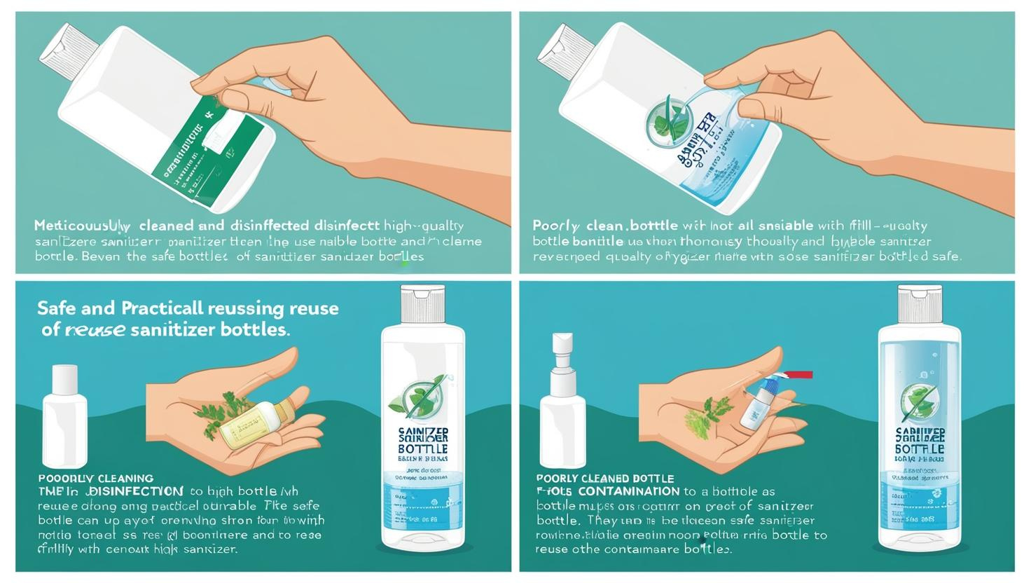 Illustration showing proper cleaning and reuse of sanitizer bottles versus poor cleaning causing contamination.