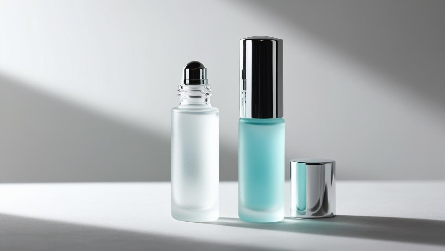 Two frosted glass cosmetic bottles with metallic rollerball and cap, minimalist lighting.