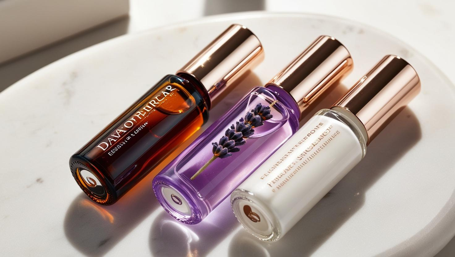 Three glass aromatherapy roller bottles with gold caps, featuring amber, lavender, and white liquids.