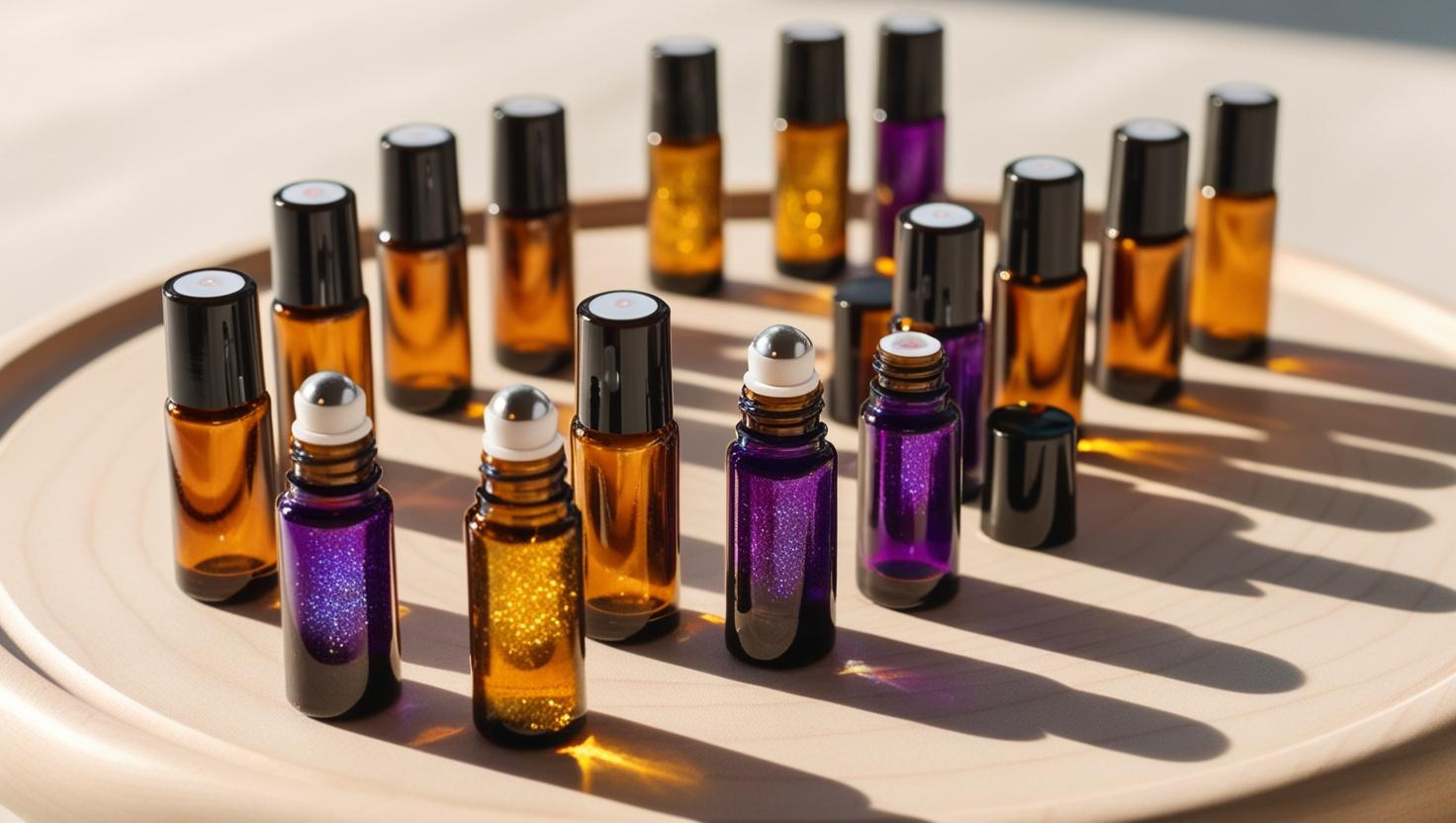 Amber and purple roller bottles with black caps, displayed on a wooden tray.