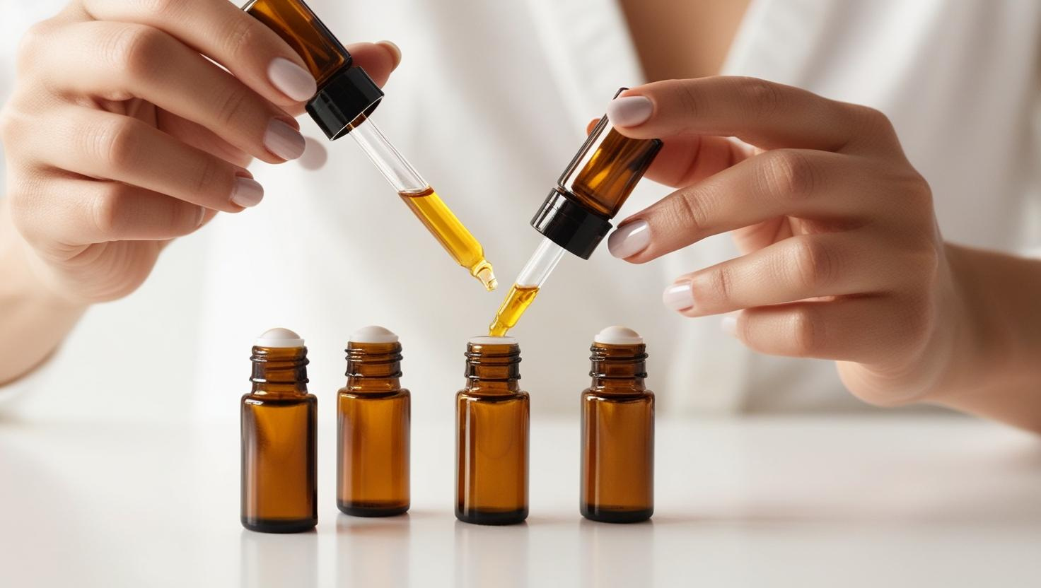 Hands using droppers to fill amber glass bottles with golden liquid on a white surface.