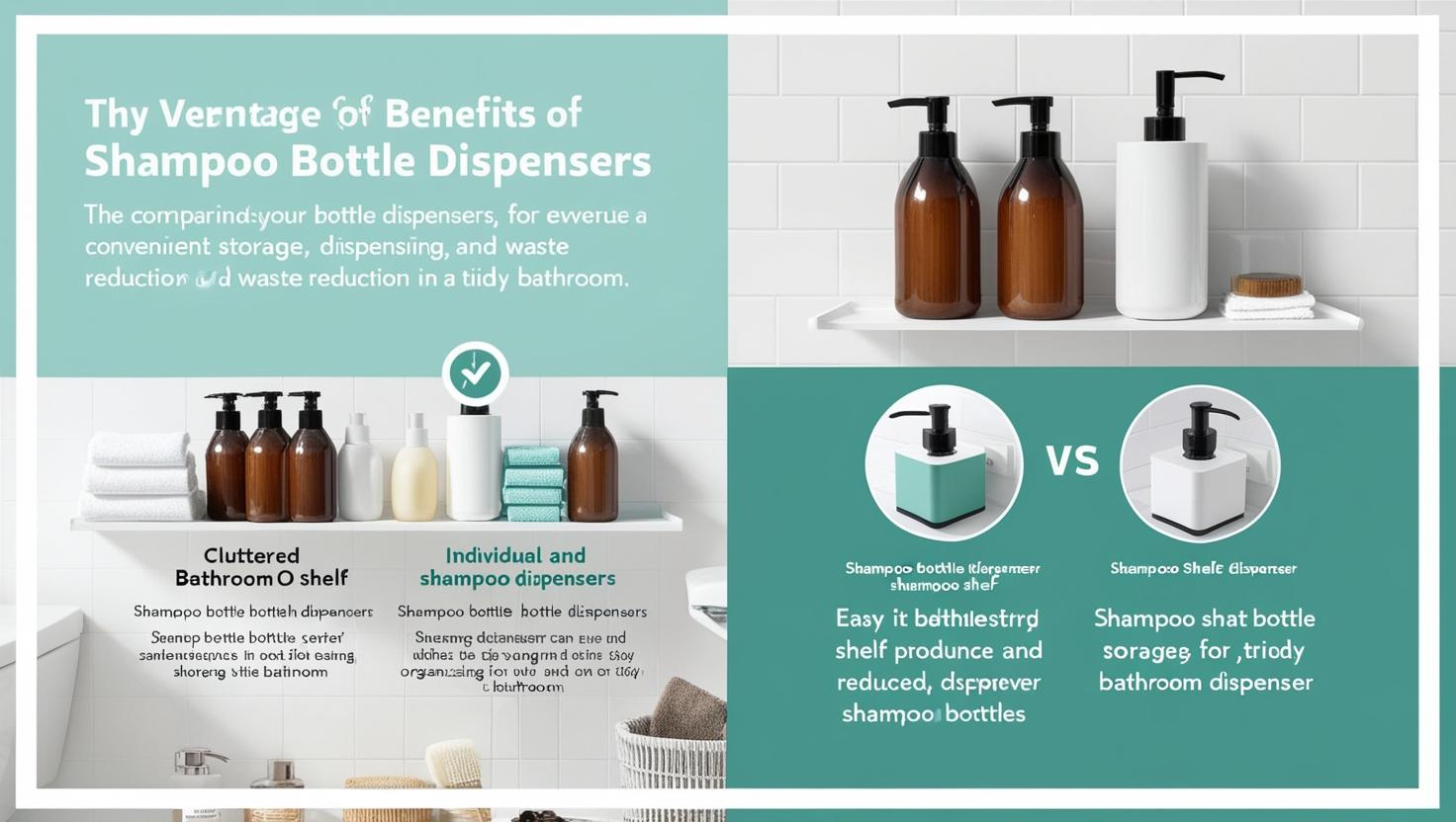 Comparison of shampoo bottle dispensers vs cluttered shelves for organized bathroom storage.