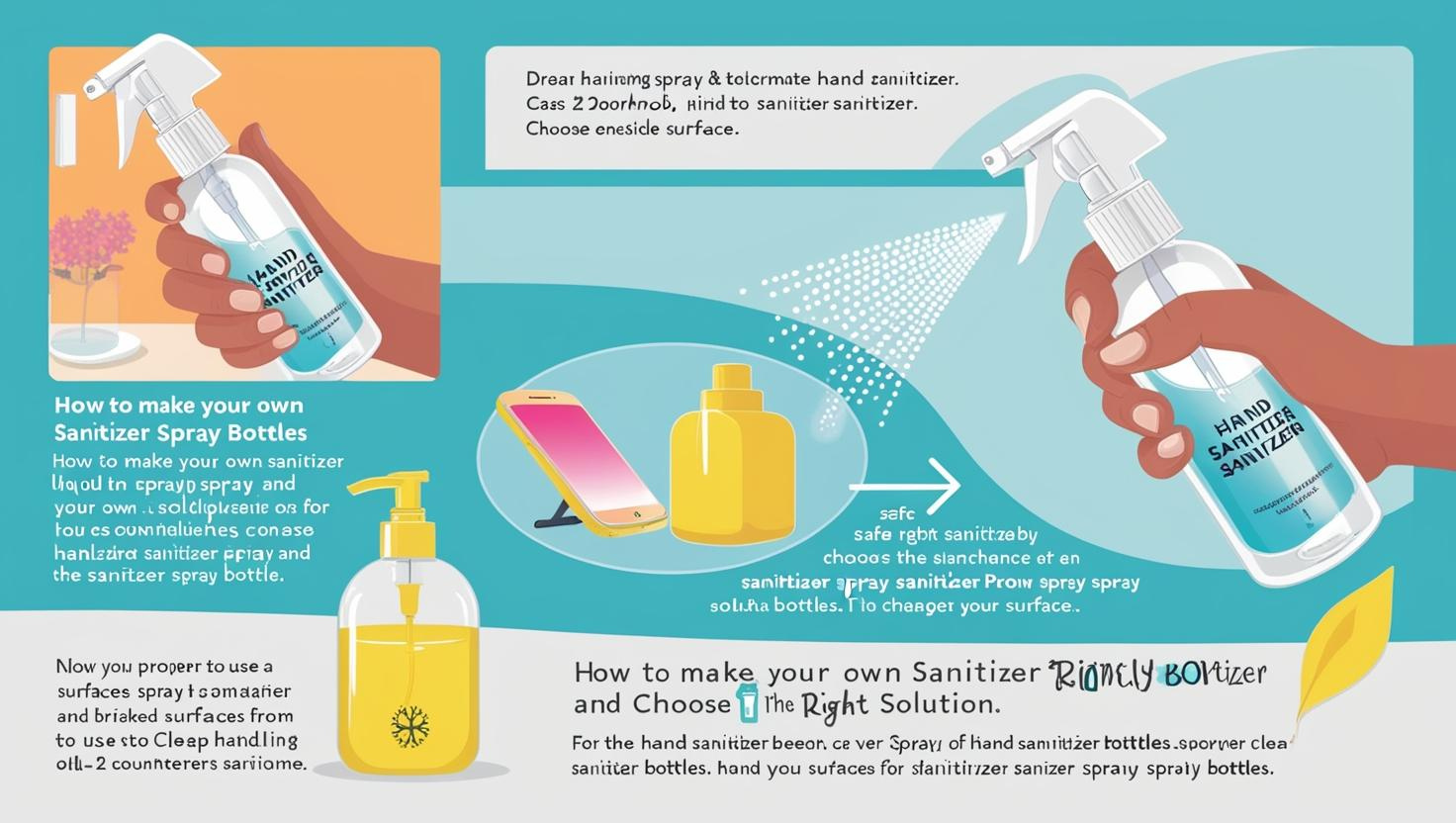 Illustration showing how to make sanitizer spray bottles, including steps and ingredients.