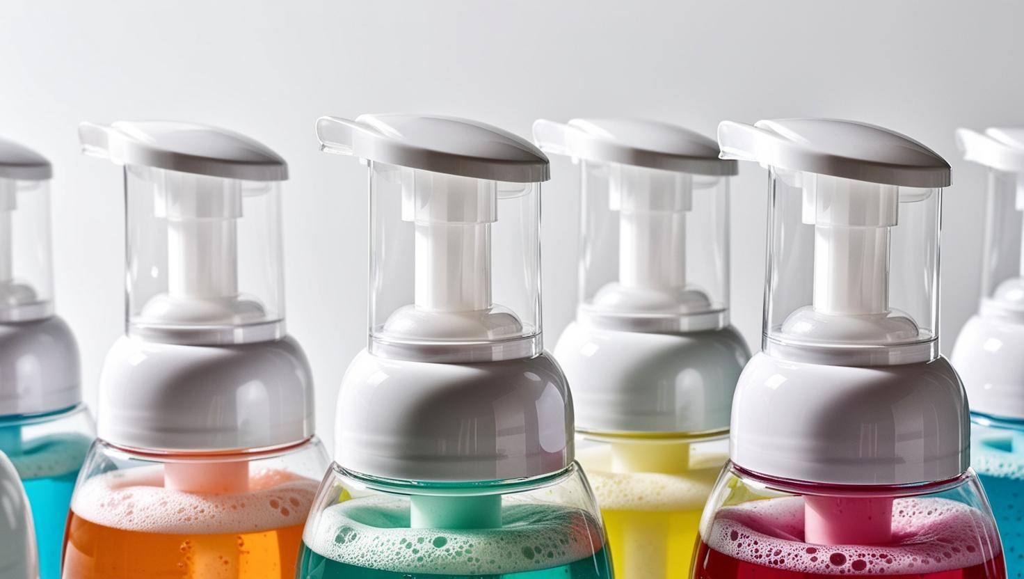 Close-up of foaming soap dispensers with colorful liquids and white pumps.