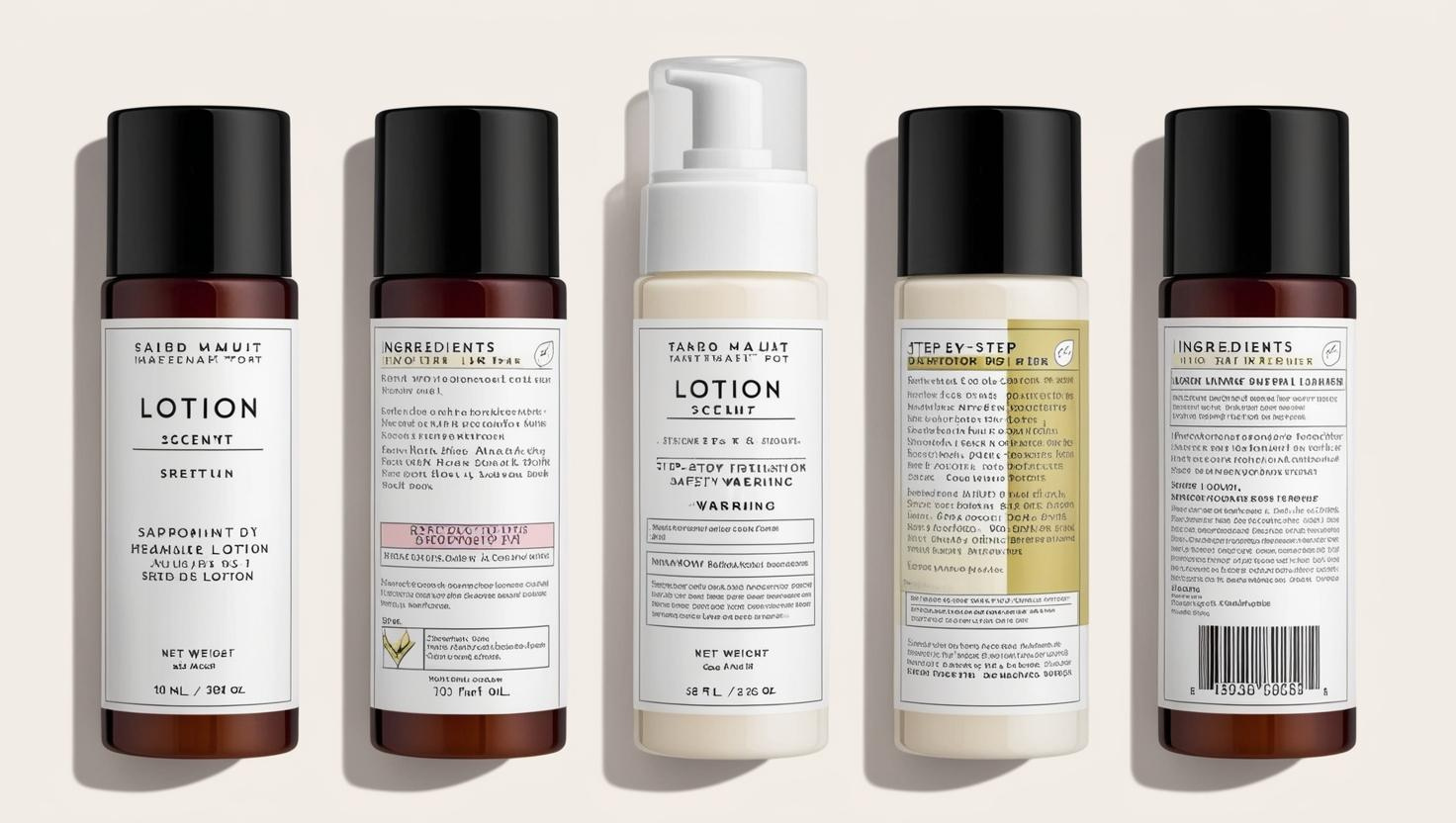 Five lotion bottles with labels displaying product details and ingredients. Clean design on a neutral background.