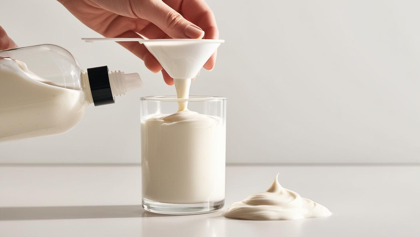 Hand pouring white lotion into a glass using a funnel, with a small dollop spilled nearby. Clean, minimal setup.