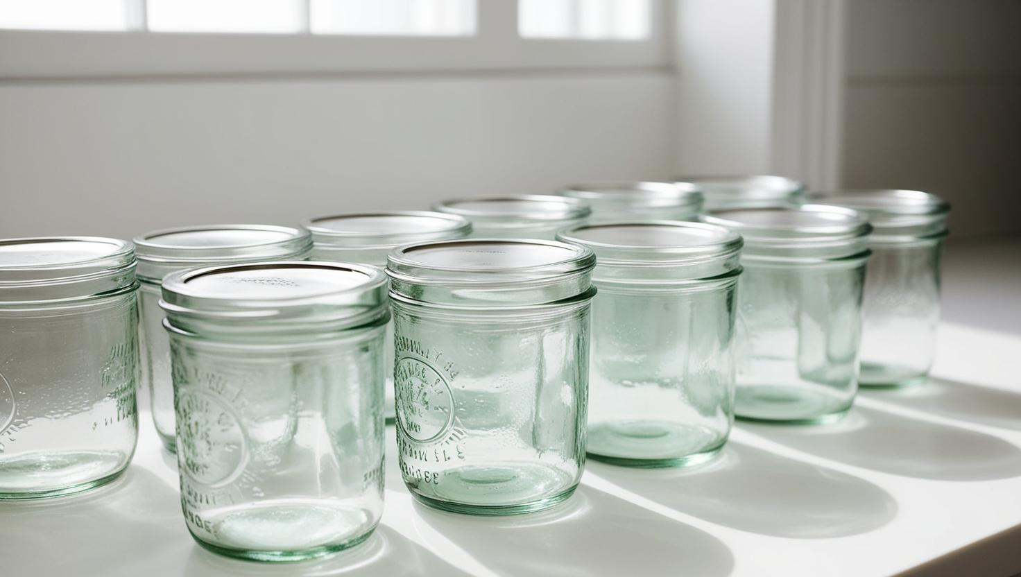 Rows of clear glass jars with lids placed on a white surface near a window.