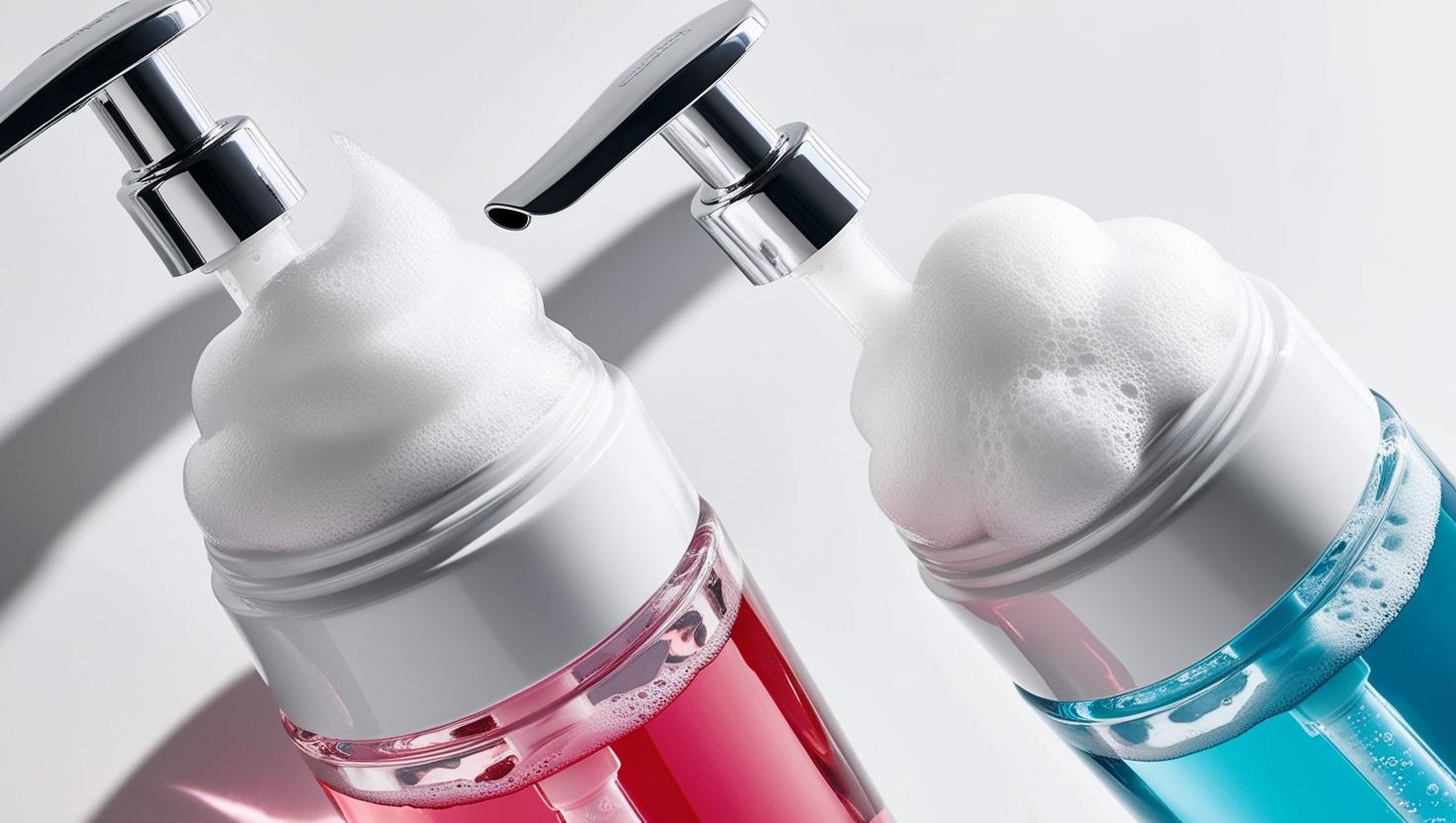 Close-up of red and blue foaming soap dispensers with rich foam.