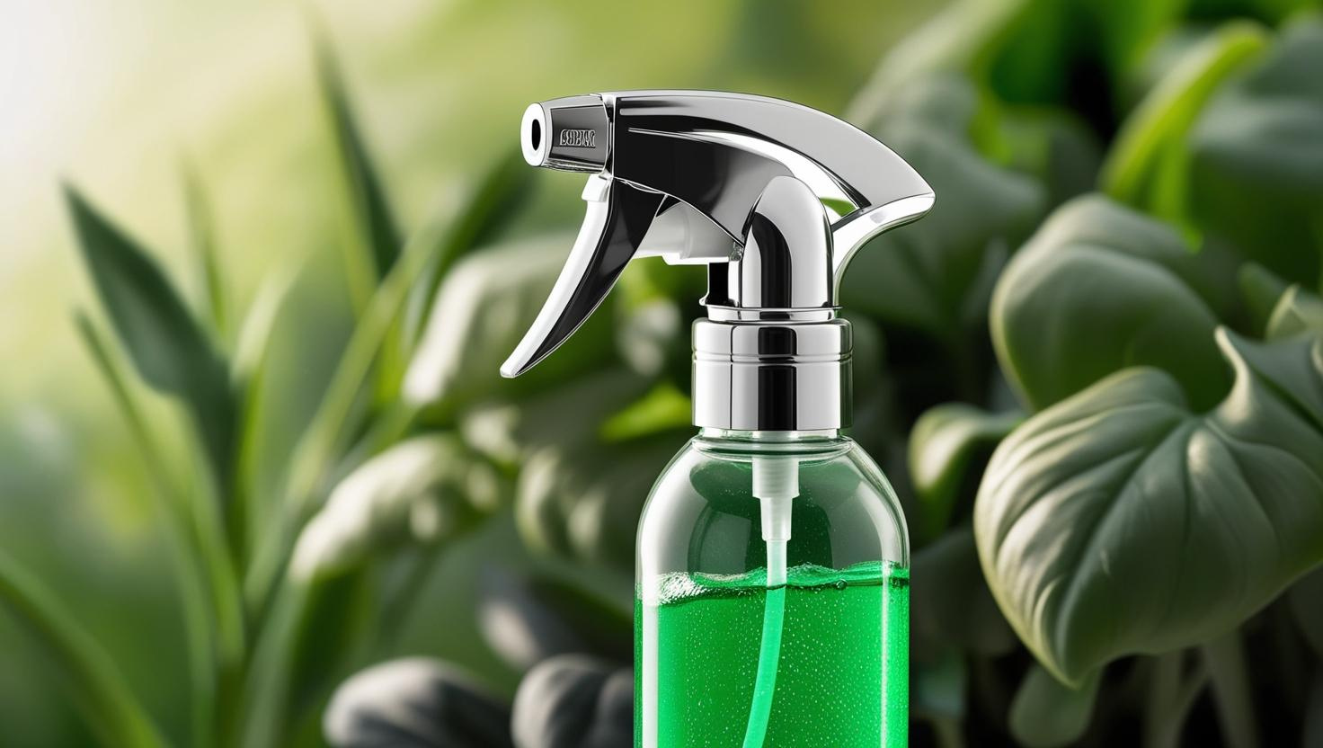 Close-up of a green liquid spray bottle with chrome nozzle, surrounded by plants.