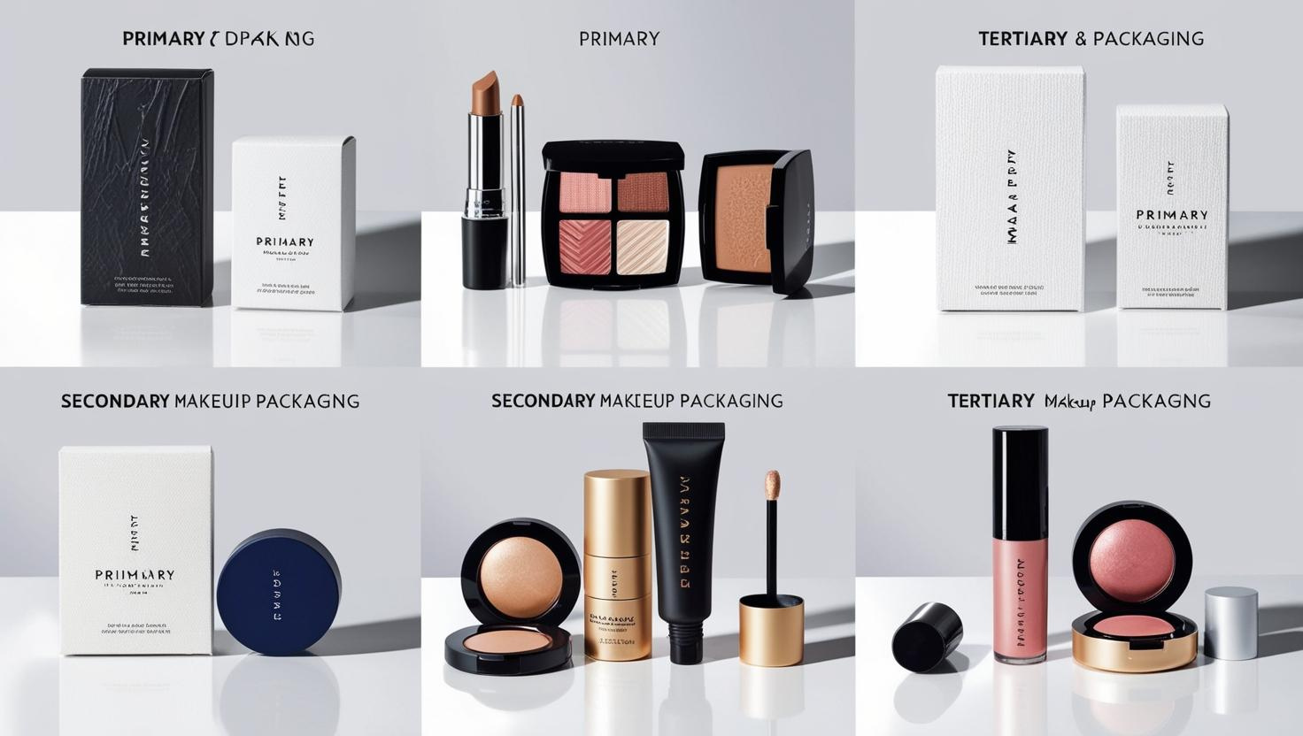 Various primary, secondary, and tertiary makeup packaging showcasing sleek and minimalist designs.