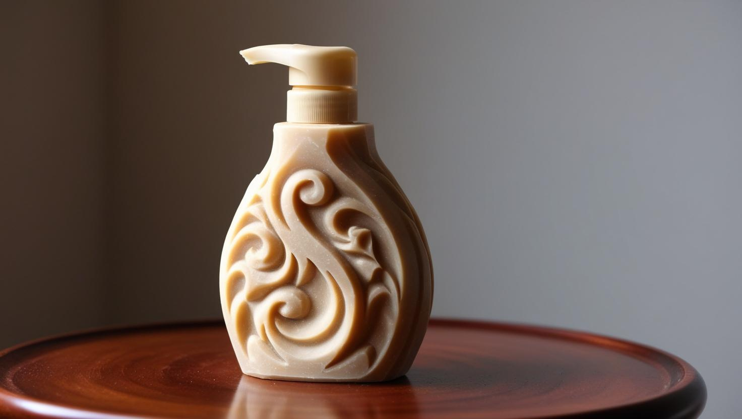 Beige pump bottle with intricate swirl patterns, placed on a wooden surface in soft lighting.