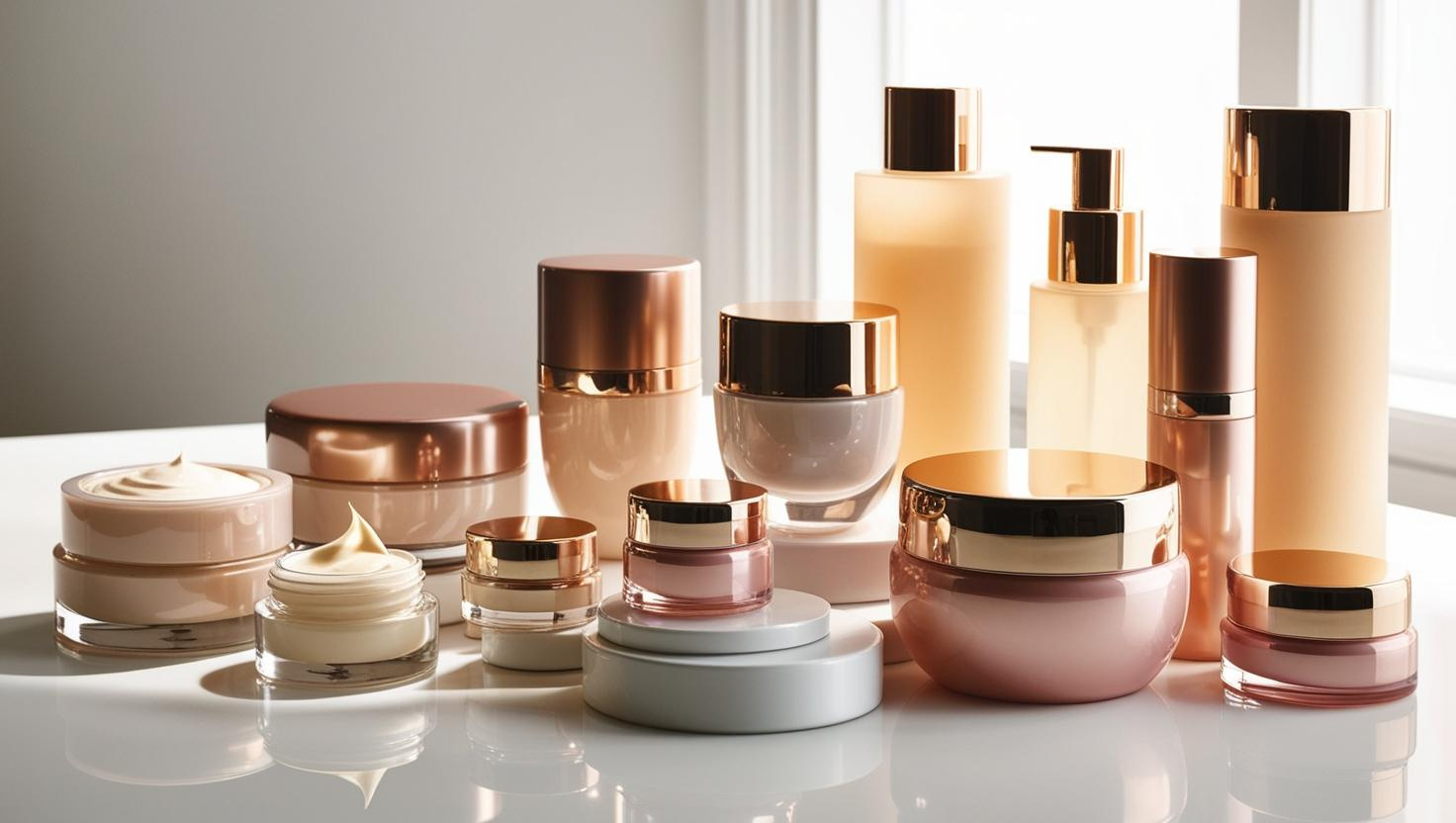 Luxurious skincare jars and bottles with gold accents on a white surface.