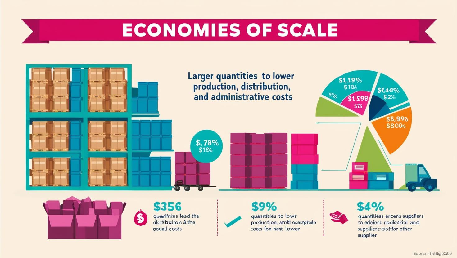 Illustration showing larger quantities reducing production, distribution, and administrative costs, with cost breakdown and pie chart.