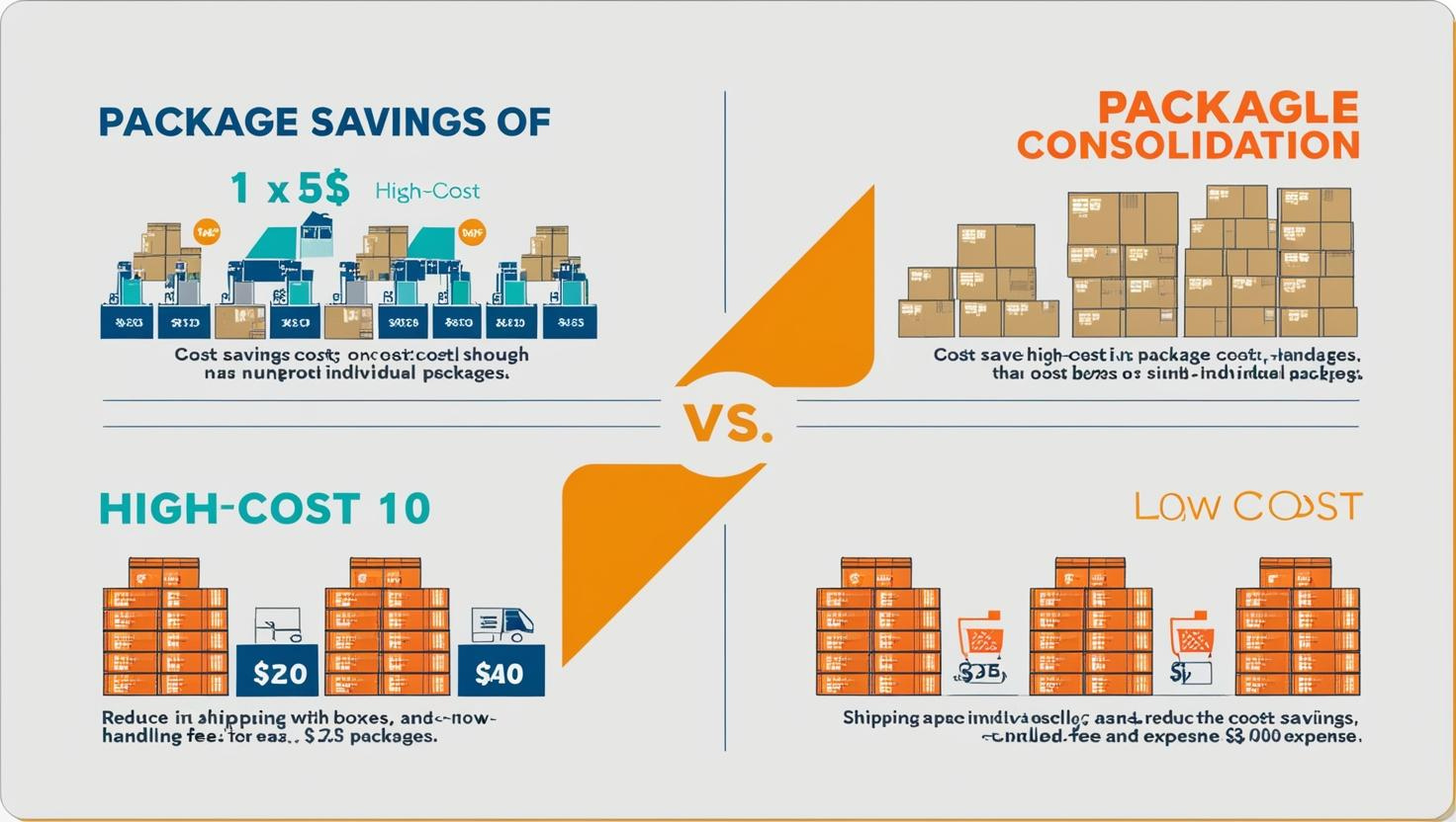 Diagram comparing high-cost individual packages vs. low-cost package consolidation for shipping and handling savings.