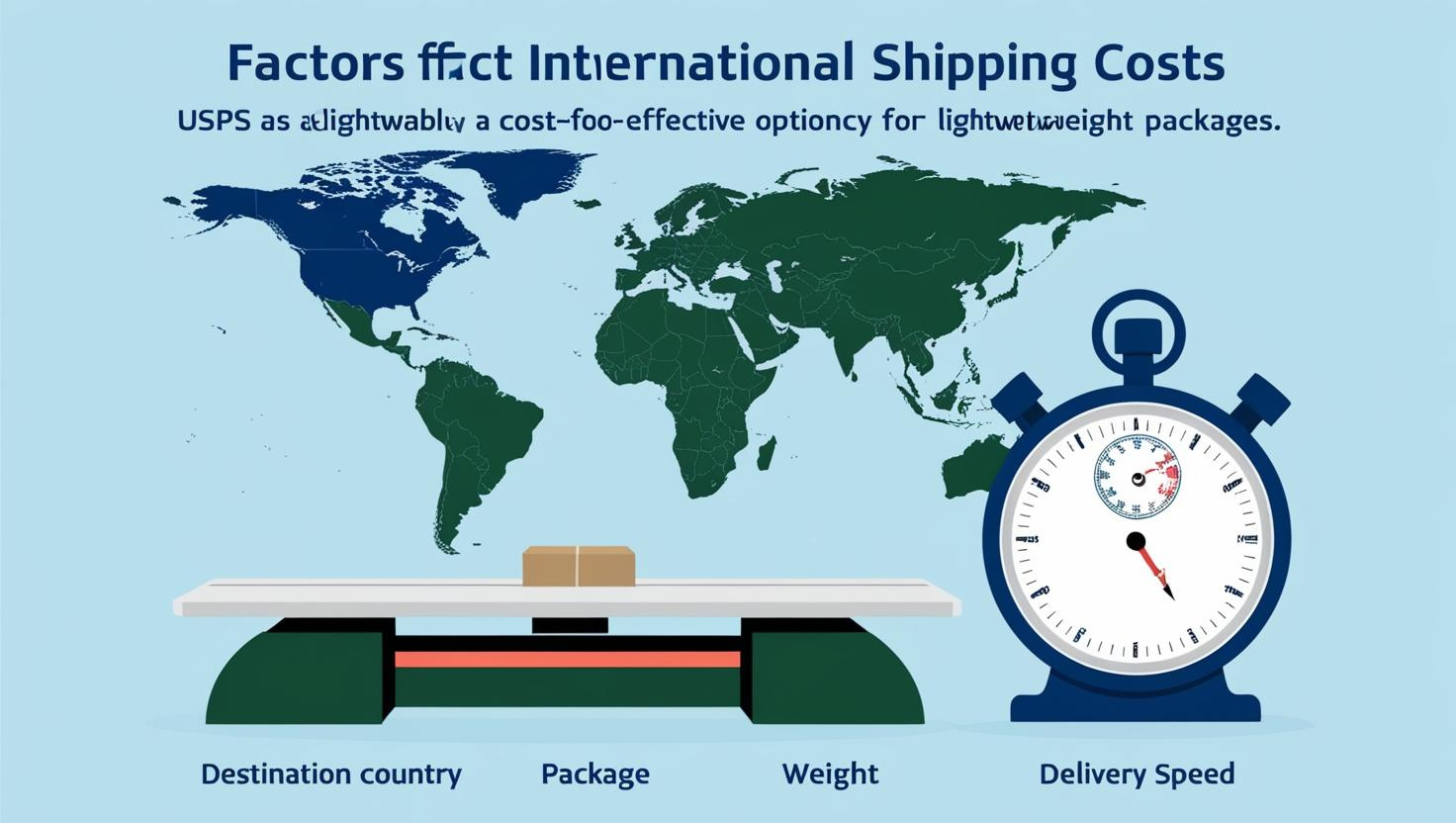 World map, weighing scale, stopwatch illustrating shipping cost factors.