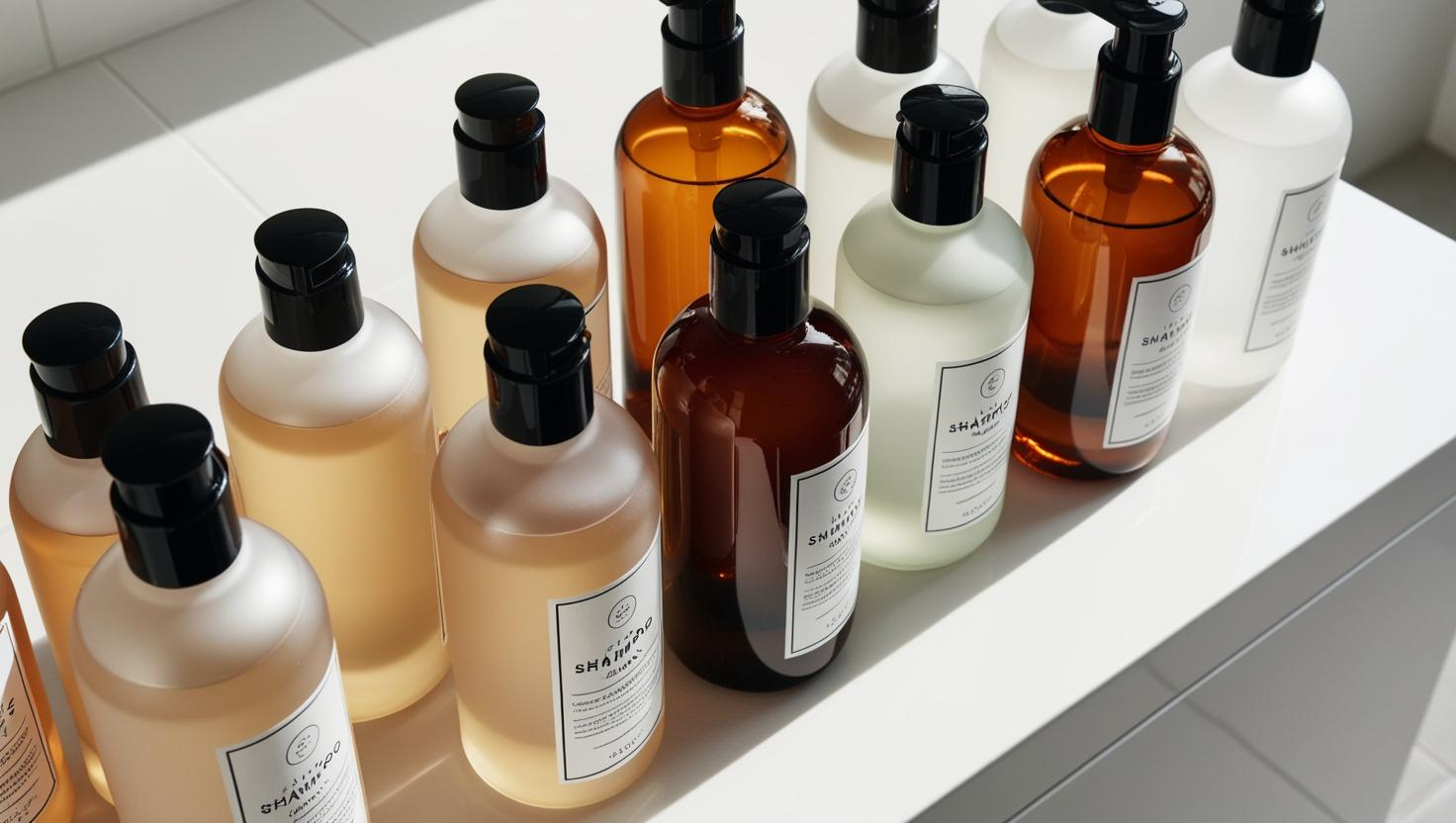 Various shampoo bottles in natural light on a white surface.