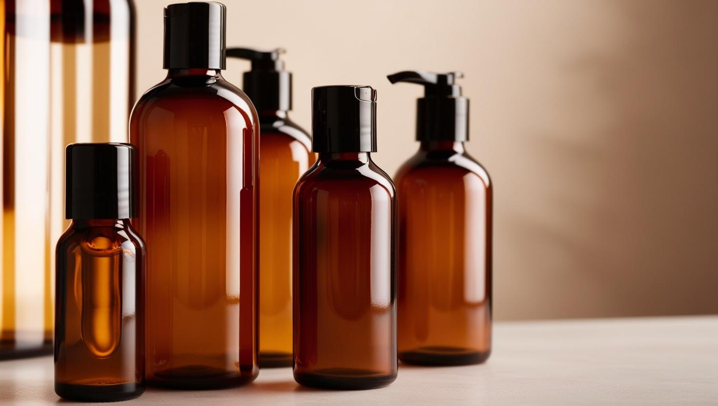 Various amber bottles with black caps and pumps on a beige background.