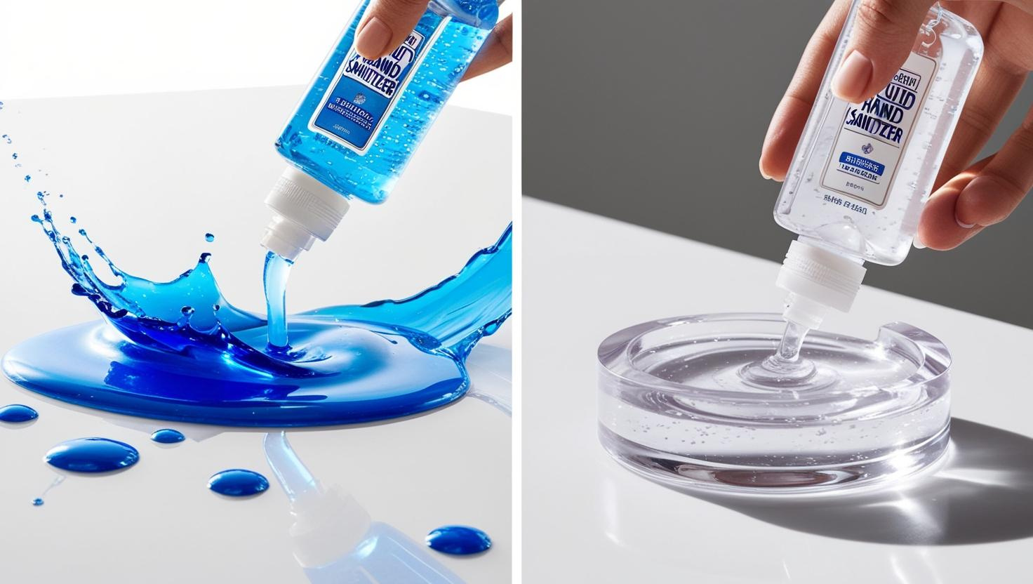 Blue liquid sanitizer splashing on the left and clear gel sanitizer being poured into a dish on the right.