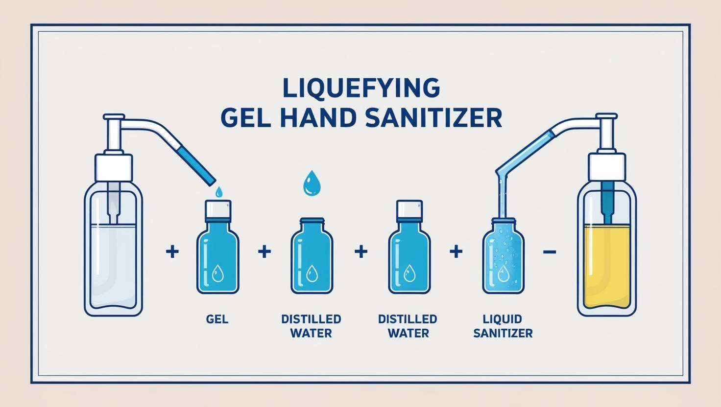 Diagram showing steps to convert gel hand sanitizer into liquid using distilled water and bottles.