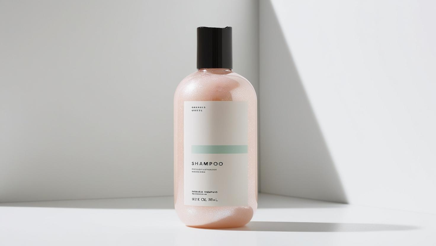 A pink shampoo bottle with a clean, minimalist label and black cap in soft lighting.