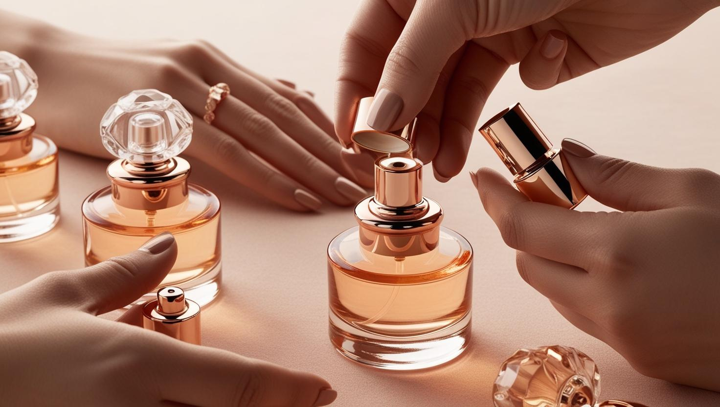 Close-up of hands handling luxurious perfume bottles with rose-gold accents and crystal caps.