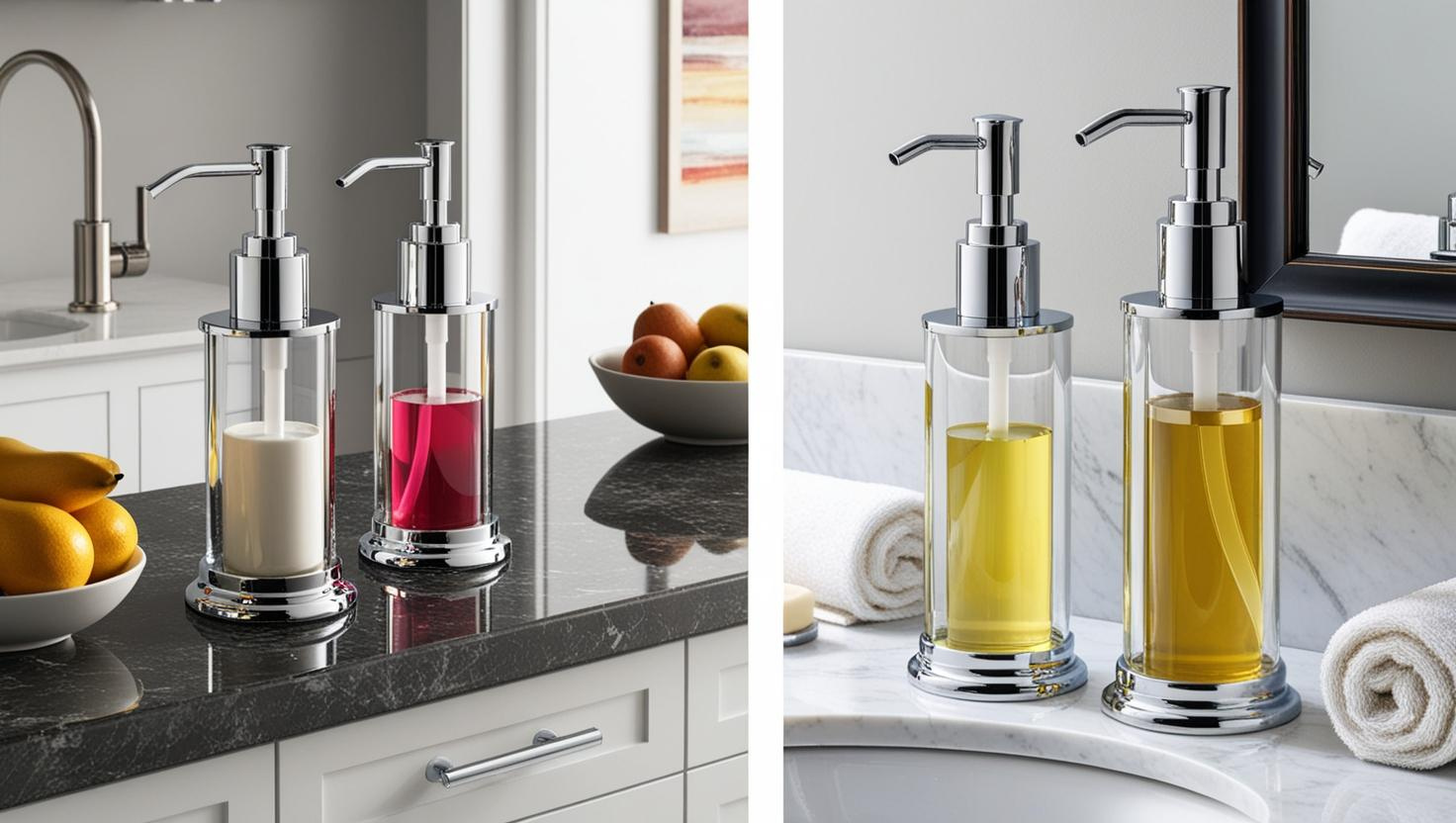 Stainless steel and glass soap dispensers with colorful liquids on kitchen and bathroom countertops.