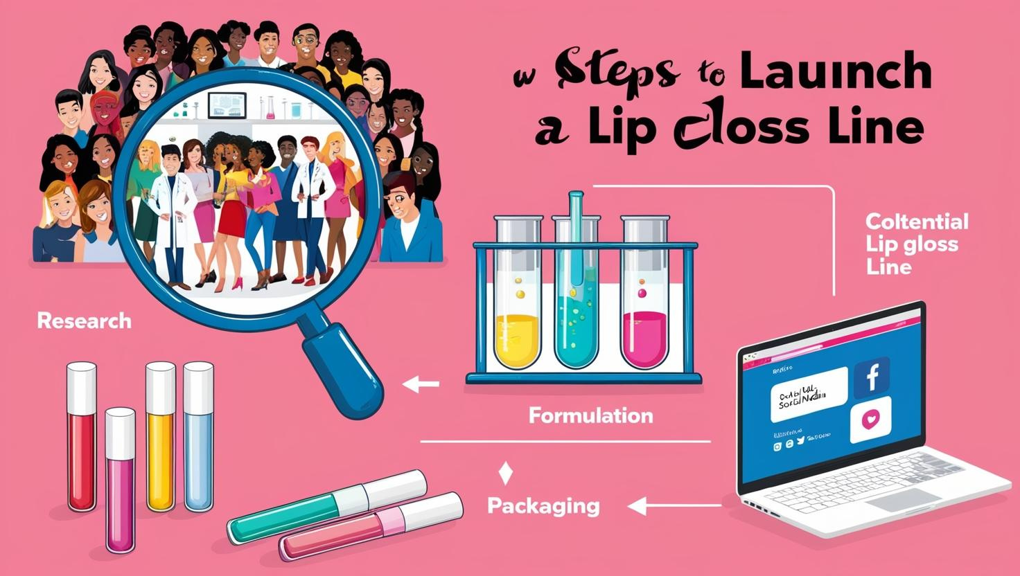 Illustrated guide showing research, formulation, packaging, and promotion for launching a lip gloss line.