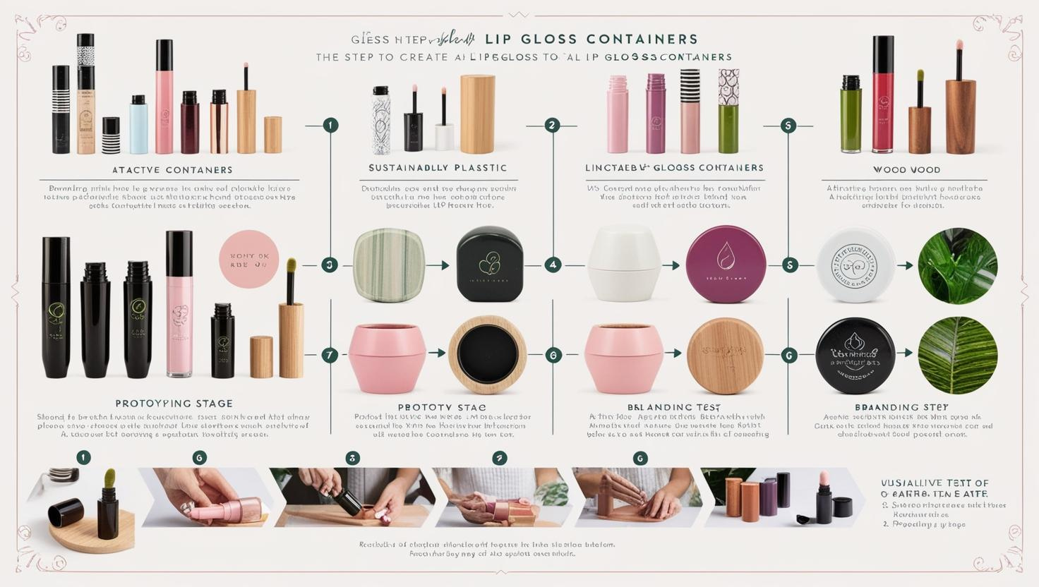 Step-by-step guide showcasing sustainable and stylish lip gloss container options and prototyping stages.