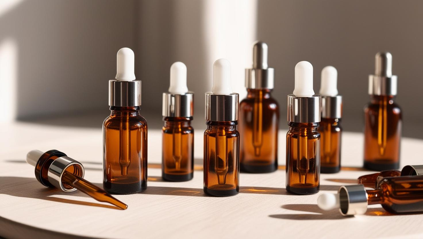 A collection of amber glass dropper bottles with white caps, ideal for skincare or essential oils.