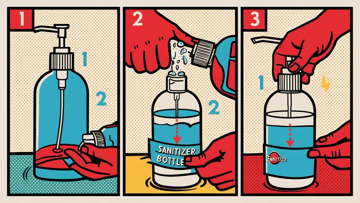 Illustrated guide showing how to refill a sanitizer bottle in three steps.