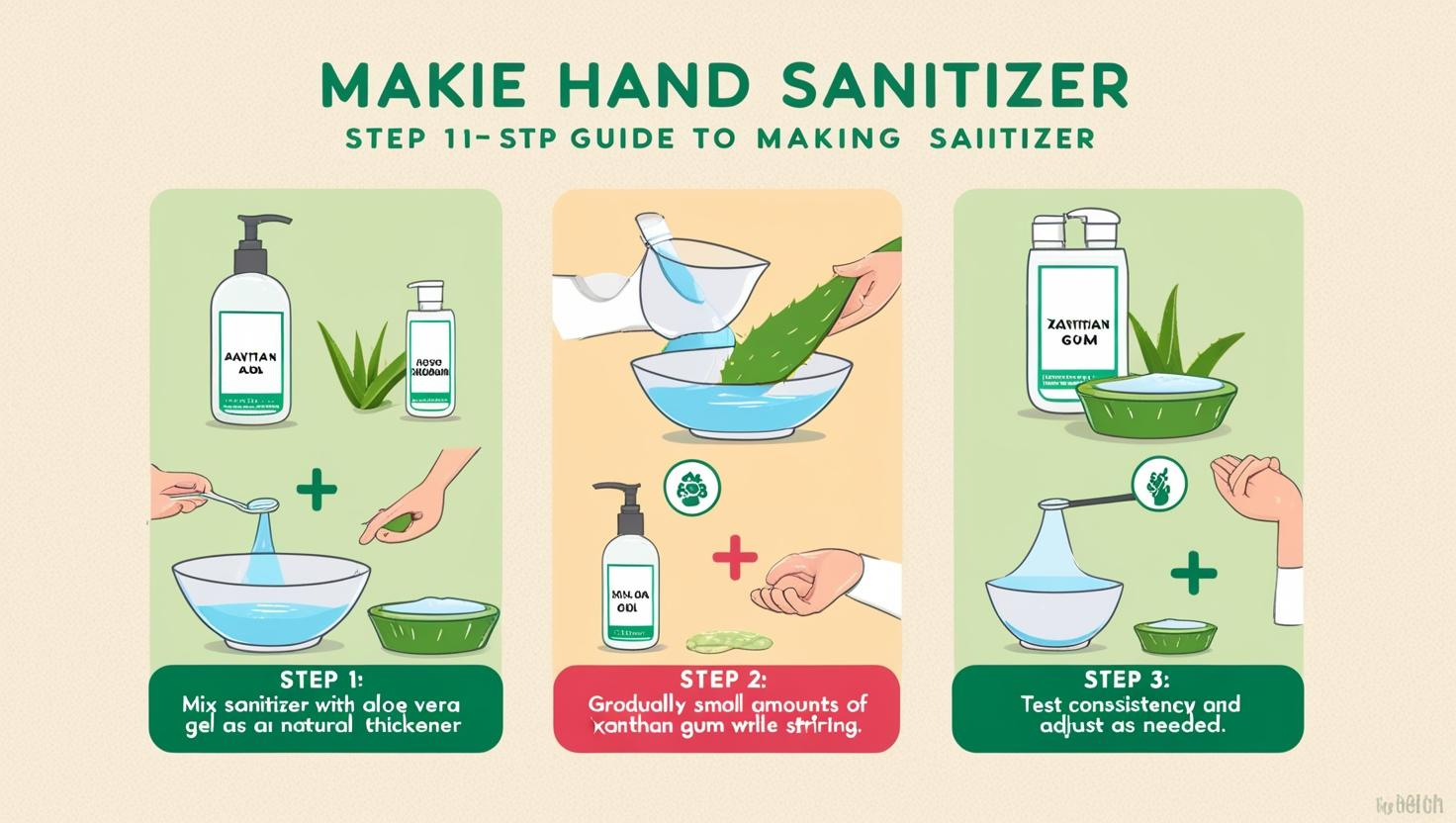 Step-by-step guide showing how to make hand sanitizer using aloe vera and xanthan gum.