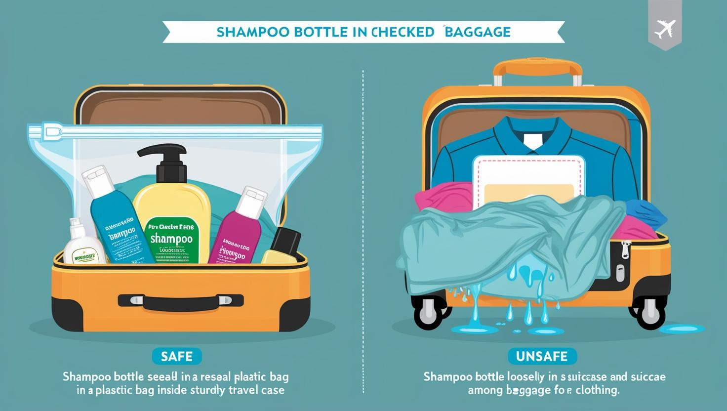 Comparison showing safe and unsafe ways to pack shampoo bottles in checked baggage for travel.