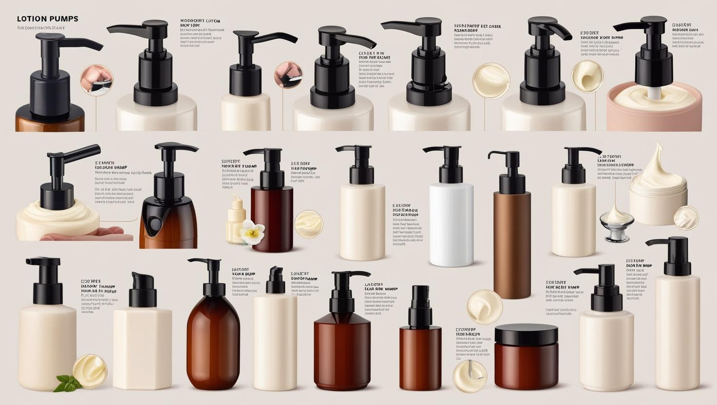 Assorted lotion pump bottles in various colors and styles, with creams and product descriptions.