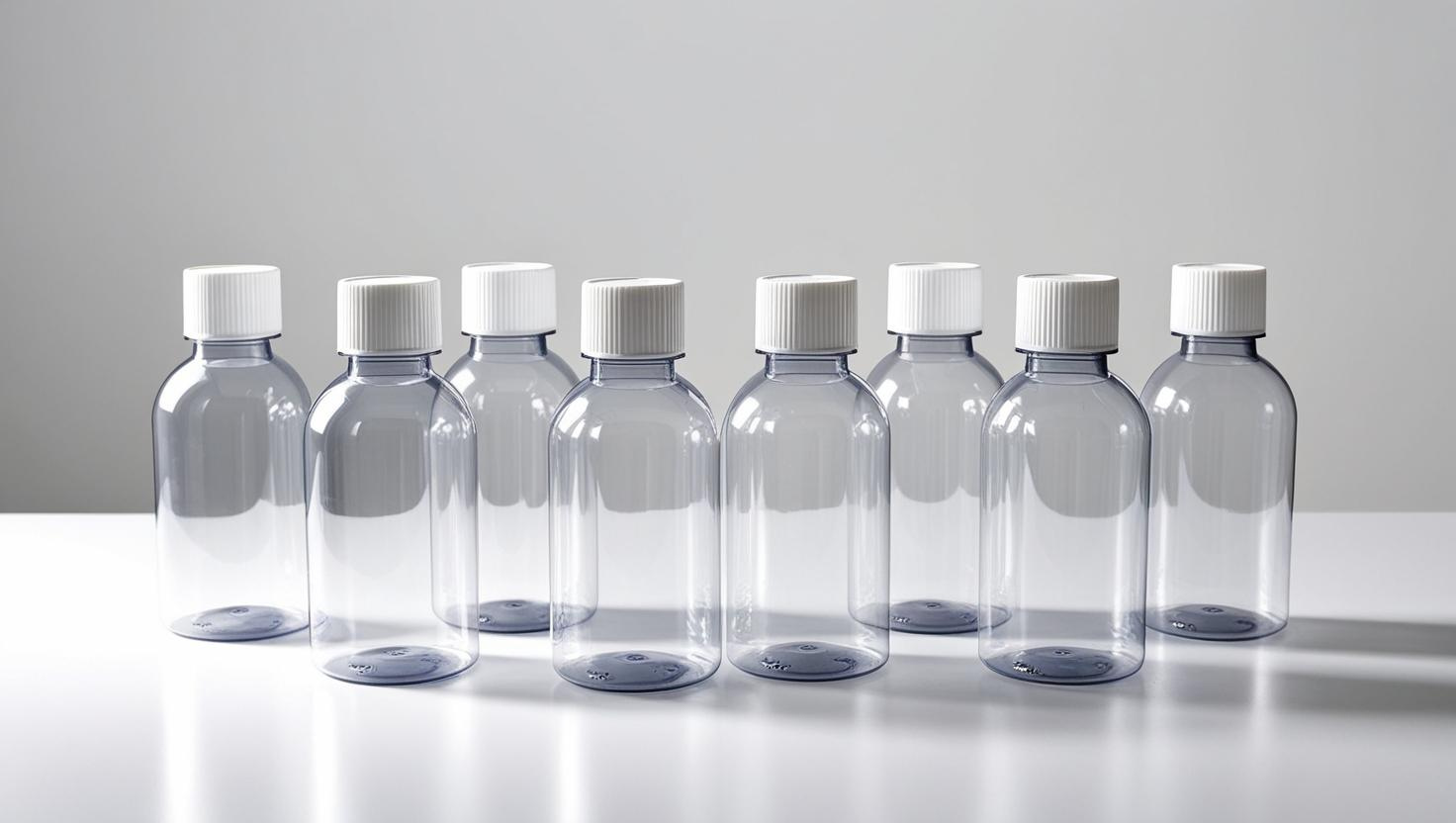 Eight clear plastic bottles with white caps arranged in a row on a white surface.