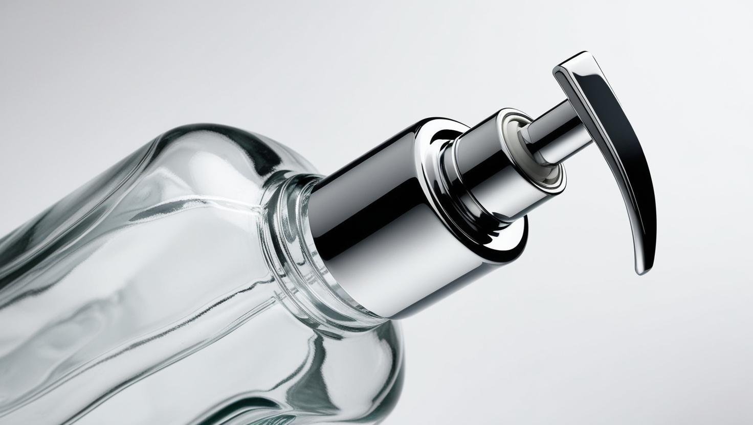 Clear glass bottle with shiny metallic pump dispenser on white background.