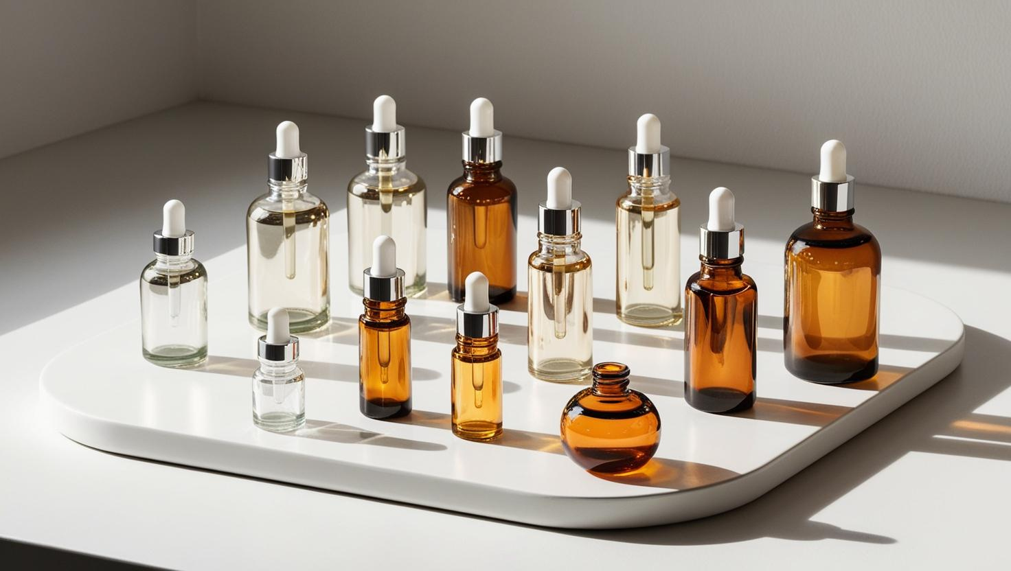 Various glass dropper bottles in clear and amber tones on a white tray under sunlight.