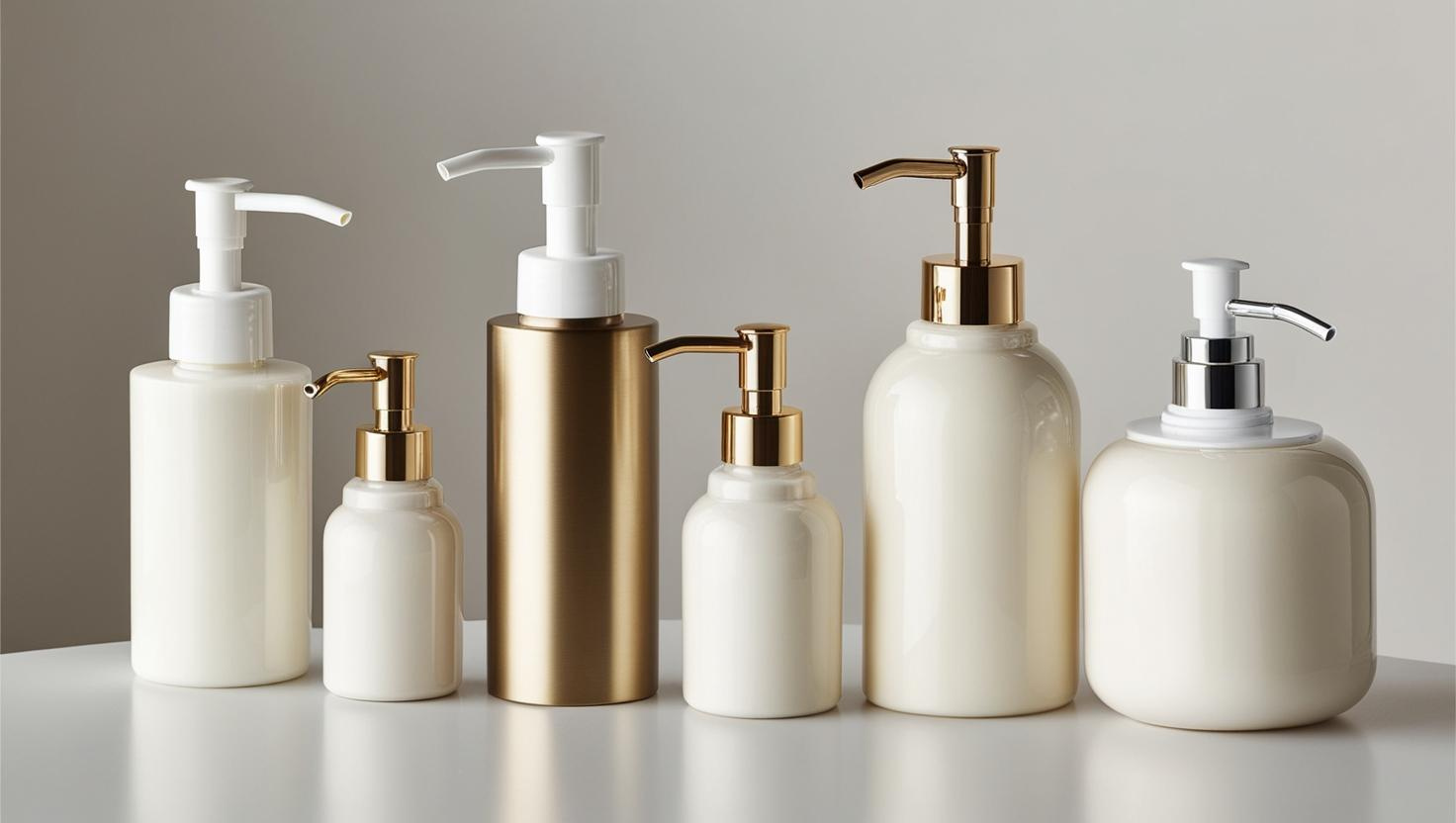 Assorted white and gold lotion pump bottles of various designs displayed on a white surface.