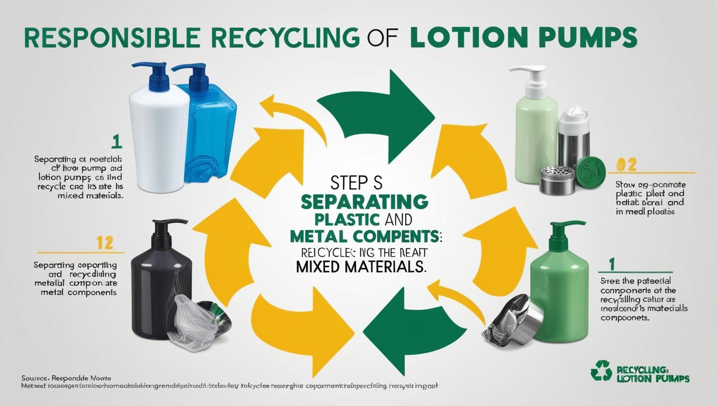 Infographic on responsible recycling of lotion pumps, showing steps to separate plastic and metal components.