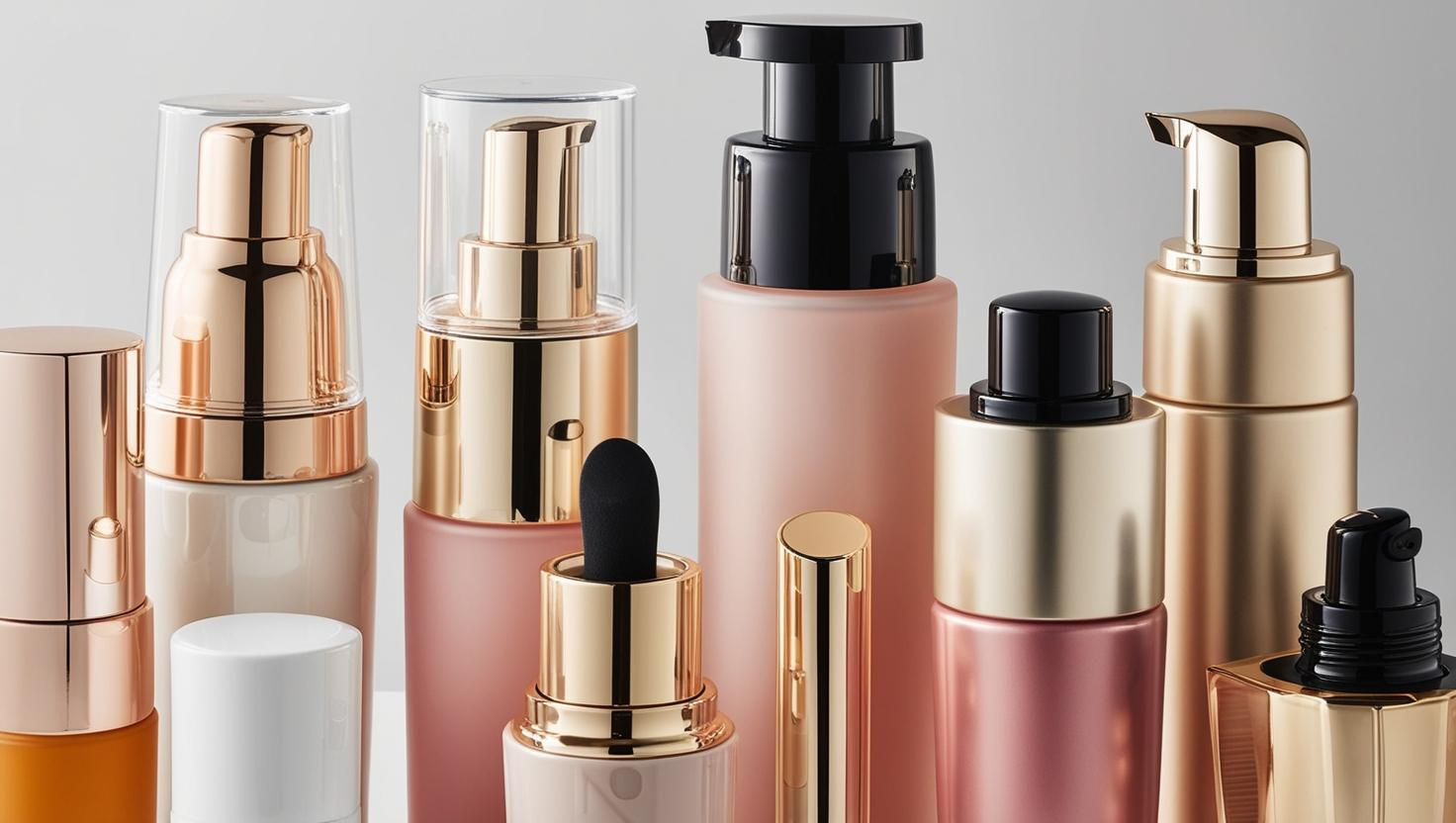 Elegant cosmetic bottles with gold and black pump designs for skincare products.