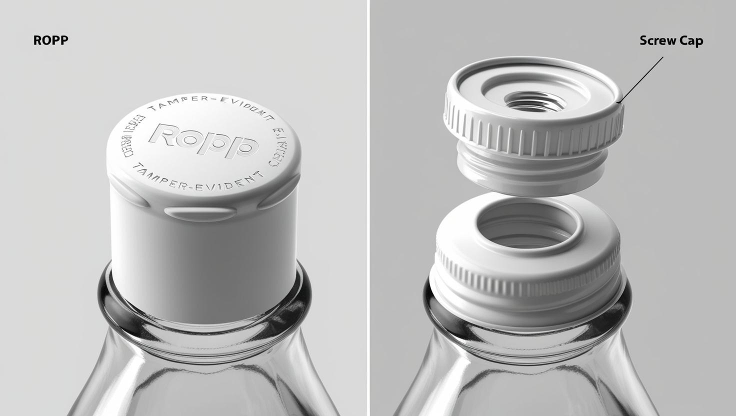 Close-up of tamper-evident ROPP cap and screw cap on a glass bottle, showing secure closure design.