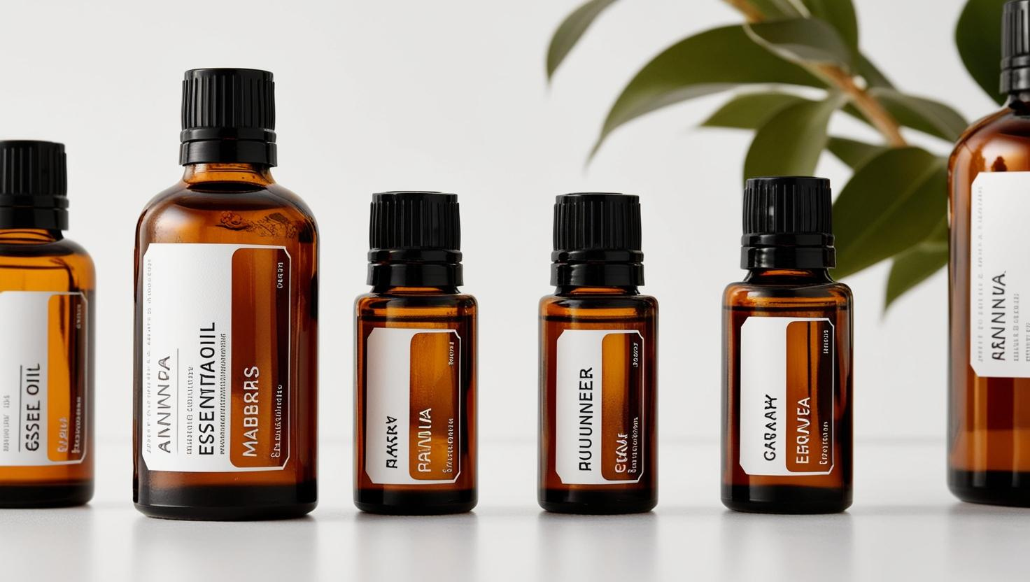 Assorted amber essential oil bottles with white labels and a plant in the background.