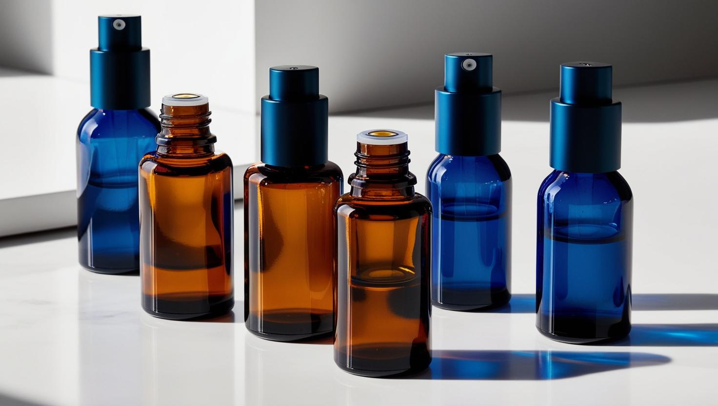 Amber and blue glass spray bottles with metallic caps on a white surface in natural light.