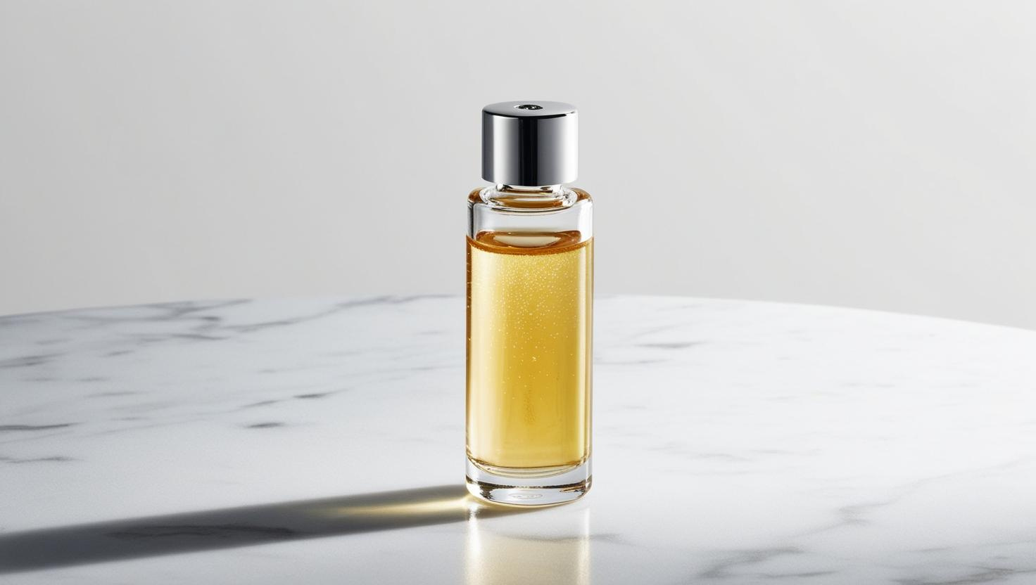 Transparent glass perfume bottle with golden liquid on a marble surface.